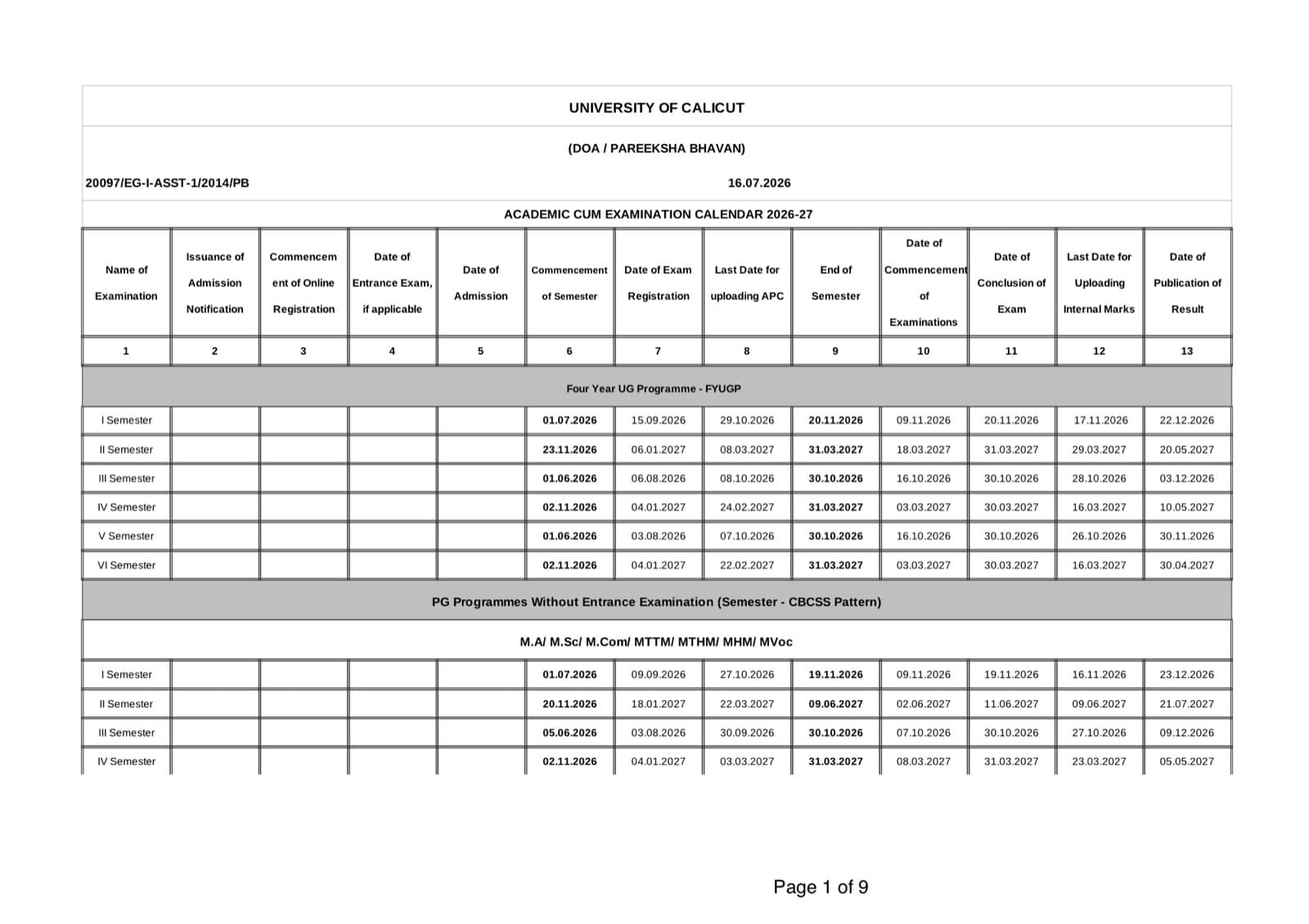First page of the Academic Calendar 2026-27
